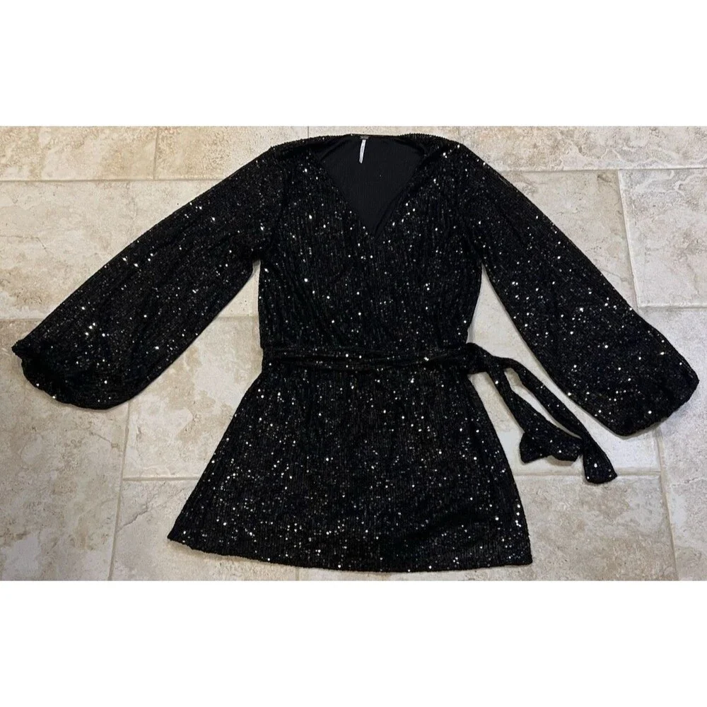 Free People Christa Sequin Long Sleeve Wrap Romper Black Size Lg Party Holiday